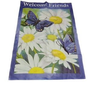 Welcome friends, double-sided  Blue Butterfly Daisies House Flag 40" by 28"
